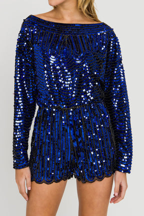 ENDLESS ROSE - Boat Neck Sequin Romper - ROMPERS available at Objectrare