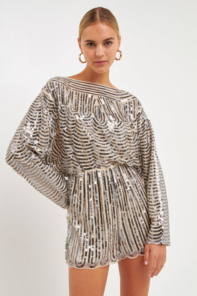 ENDLESS ROSE - Boat Neck Sequin Romper - ROMPERS available at Objectrare