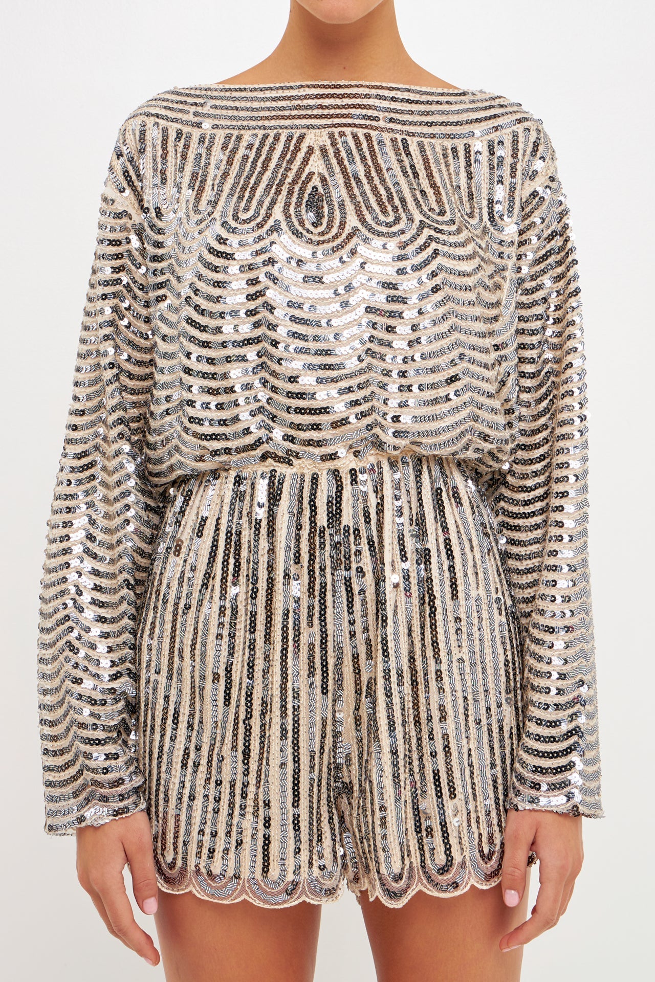 ENDLESS ROSE - Boat Neck Sequin Romper - ROMPERS available at Objectrare