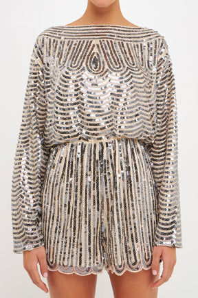 ENDLESS ROSE - Boat Neck Sequin Romper - ROMPERS available at Objectrare