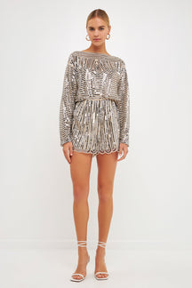 ENDLESS ROSE - Boat Neck Sequin Romper - ROMPERS available at Objectrare