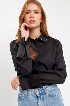 ENDLESS ROSE - Beaded Collar Long-Sleeve Shirt - SHIRTS & BLOUSES available at Objectrare