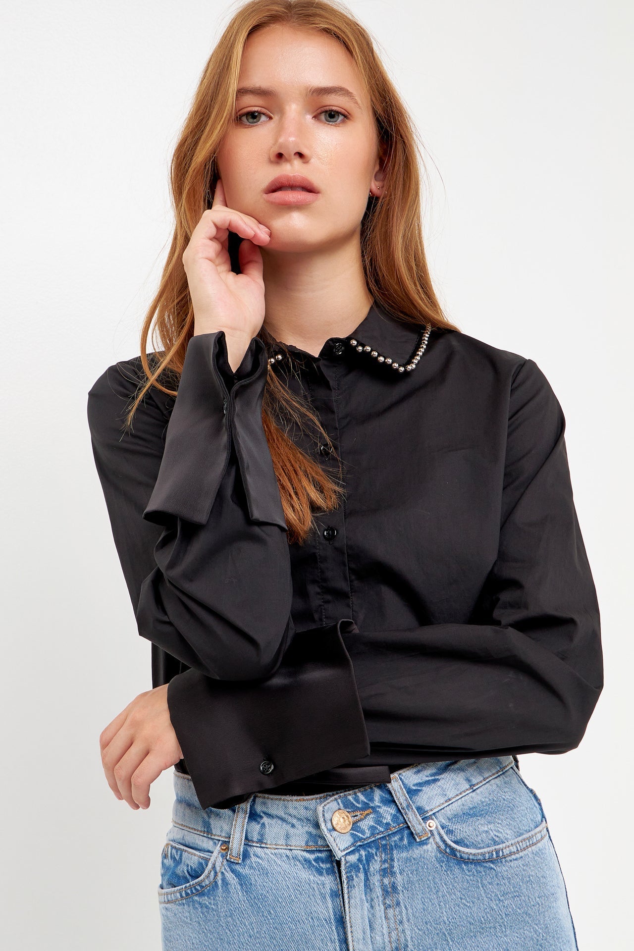 ENDLESS ROSE - Endless Rose - Beaded Collar Long-Sleeve Shirt - SHIRTS & BLOUSES available at Objectrare