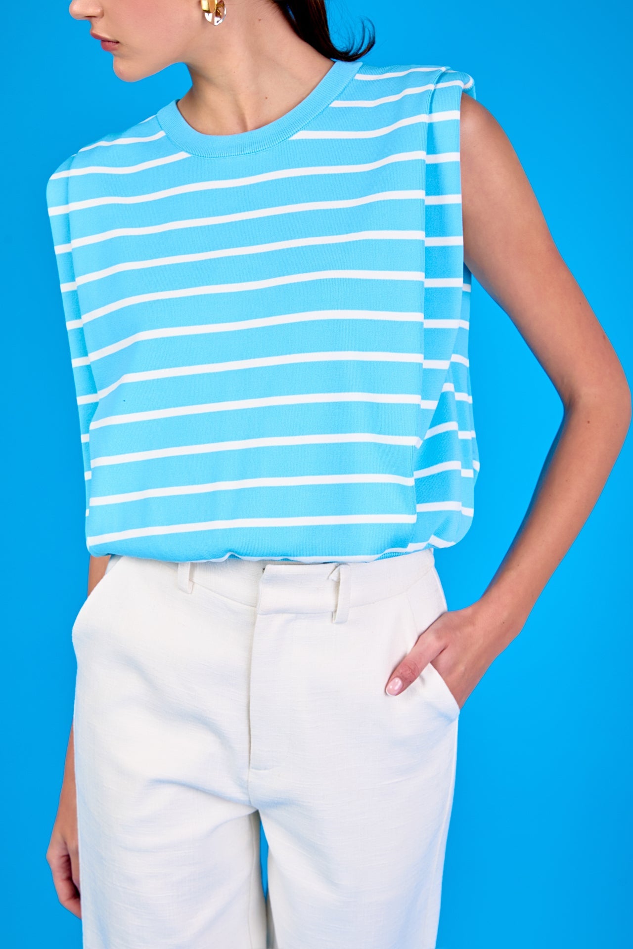 ENDLESS ROSE - Stripe Sleeveless Pleated Knit Top - TOPS available at Objectrare