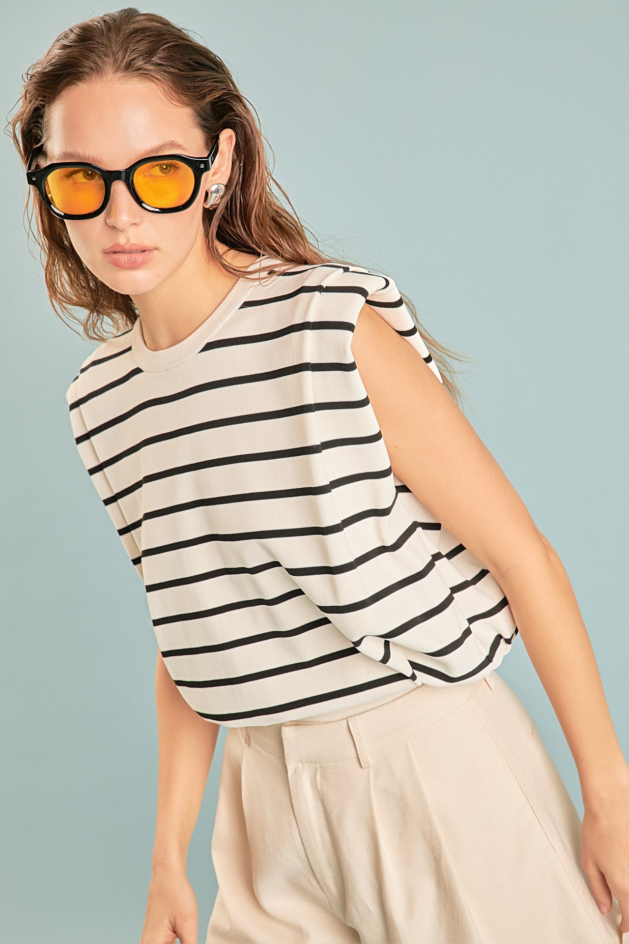 ENDLESS ROSE - Stripe Sleeveless Pleated Knit Top - TOPS available at Objectrare