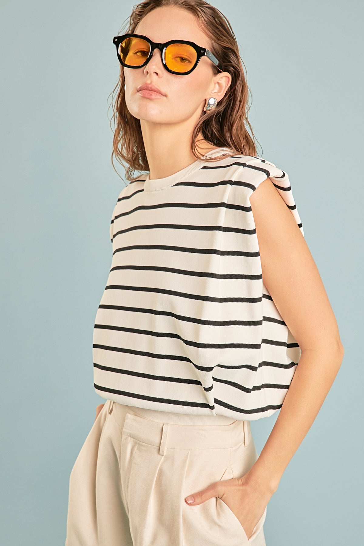 ENDLESS ROSE - Endless Rose - Stripe Sleeveless Pleated Knit Top - TOPS available at Objectrare