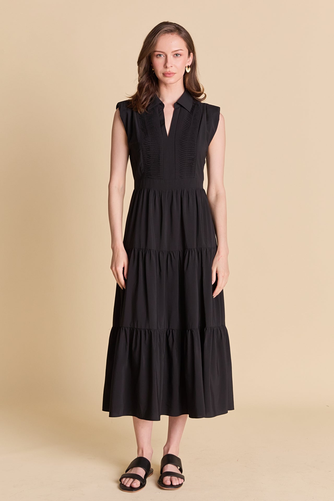 Pintuck Details Sleeveless Midi Dress