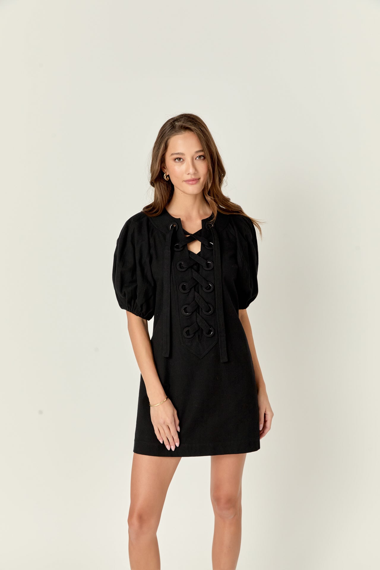 ENGLISH FACTORY - Laced Up Puffed Sleeve Mini Dress - DRESSES available at Objectrare