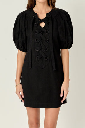 ENGLISH FACTORY - Laced Up Puffed Sleeve Mini Dress - DRESSES available at Objectrare