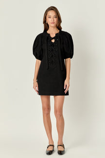 ENGLISH FACTORY - Laced Up Puffed Sleeve Mini Dress - DRESSES available at Objectrare