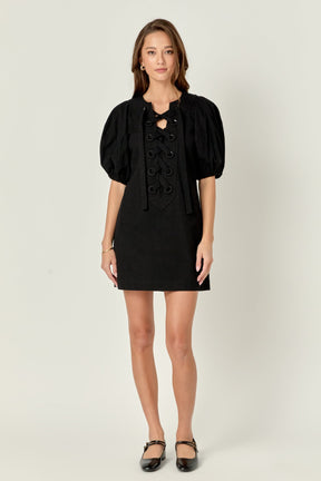 ENGLISH FACTORY - Laced Up Puffed Sleeve Mini Dress - DRESSES available at Objectrare