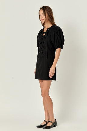 ENGLISH FACTORY - Laced Up Puffed Sleeve Mini Dress - DRESSES available at Objectrare