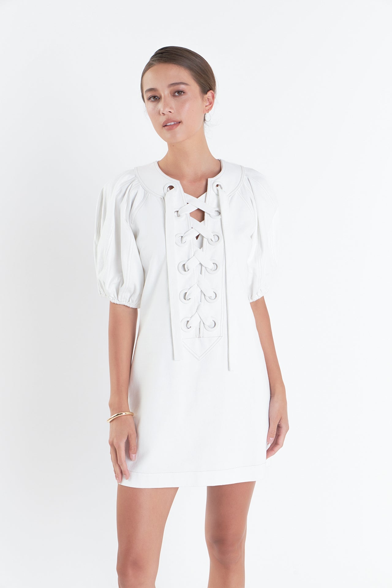 ENGLISH FACTORY - Laced Up Puffed Sleeve Mini Dress - DRESSES available at Objectrare