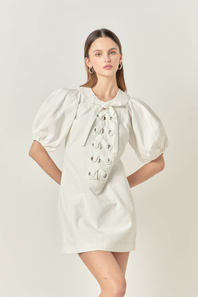 Laced Up Puffed Sleeve Mini Dress