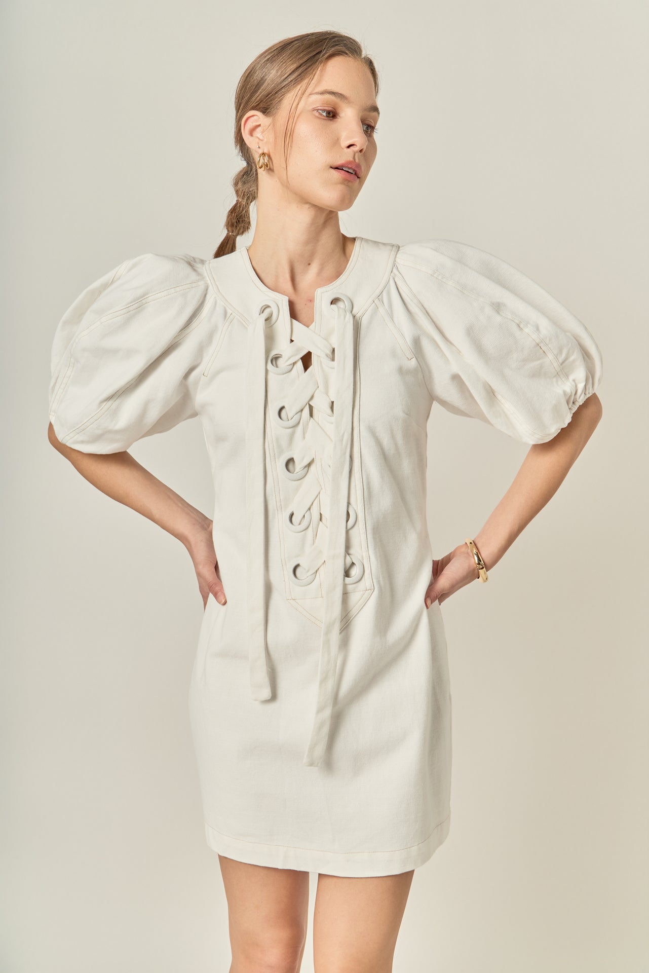 ENGLISH FACTORY - Laced Up Puffed Sleeve Mini Dress - DRESSES available at Objectrare