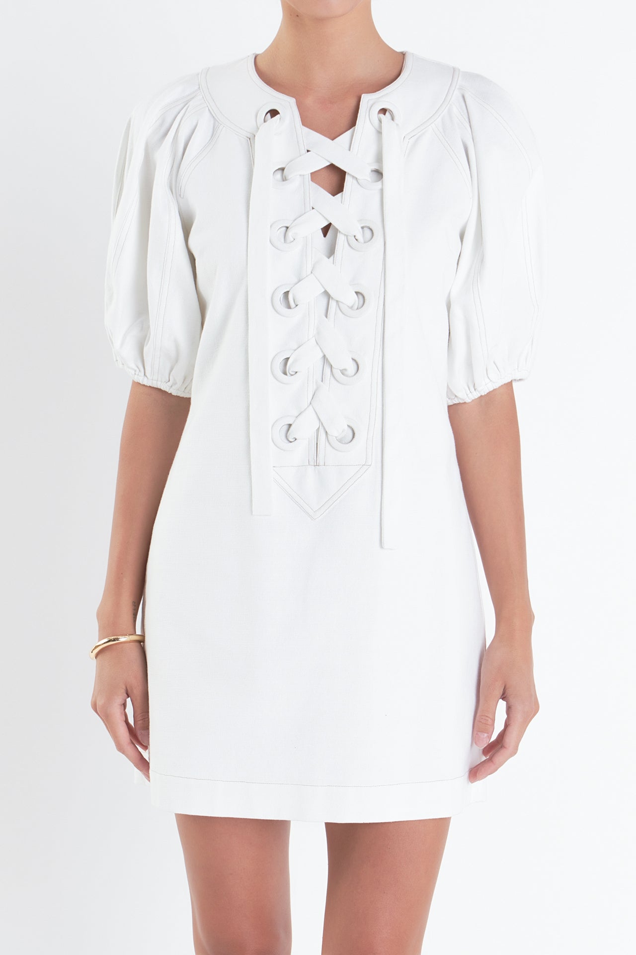 ENGLISH FACTORY - Laced Up Puffed Sleeve Mini Dress - DRESSES available at Objectrare