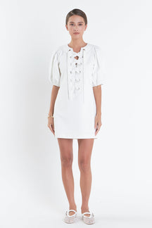 ENGLISH FACTORY - Laced Up Puffed Sleeve Mini Dress - DRESSES available at Objectrare