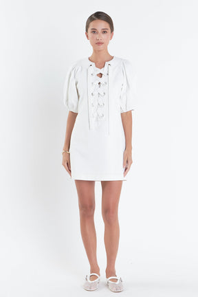 ENGLISH FACTORY - Laced Up Puffed Sleeve Mini Dress - DRESSES available at Objectrare