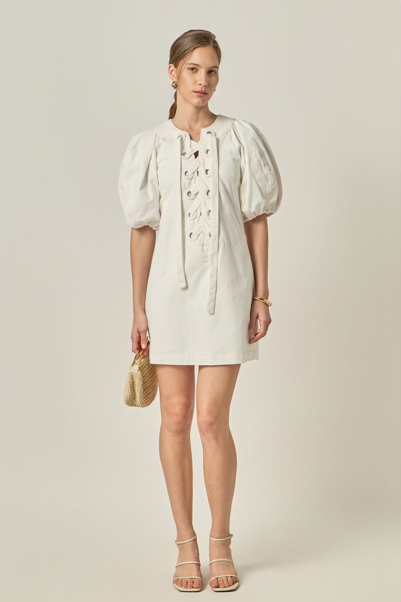 ENGLISH FACTORY - Laced Up Puffed Sleeve Mini Dress - DRESSES available at Objectrare