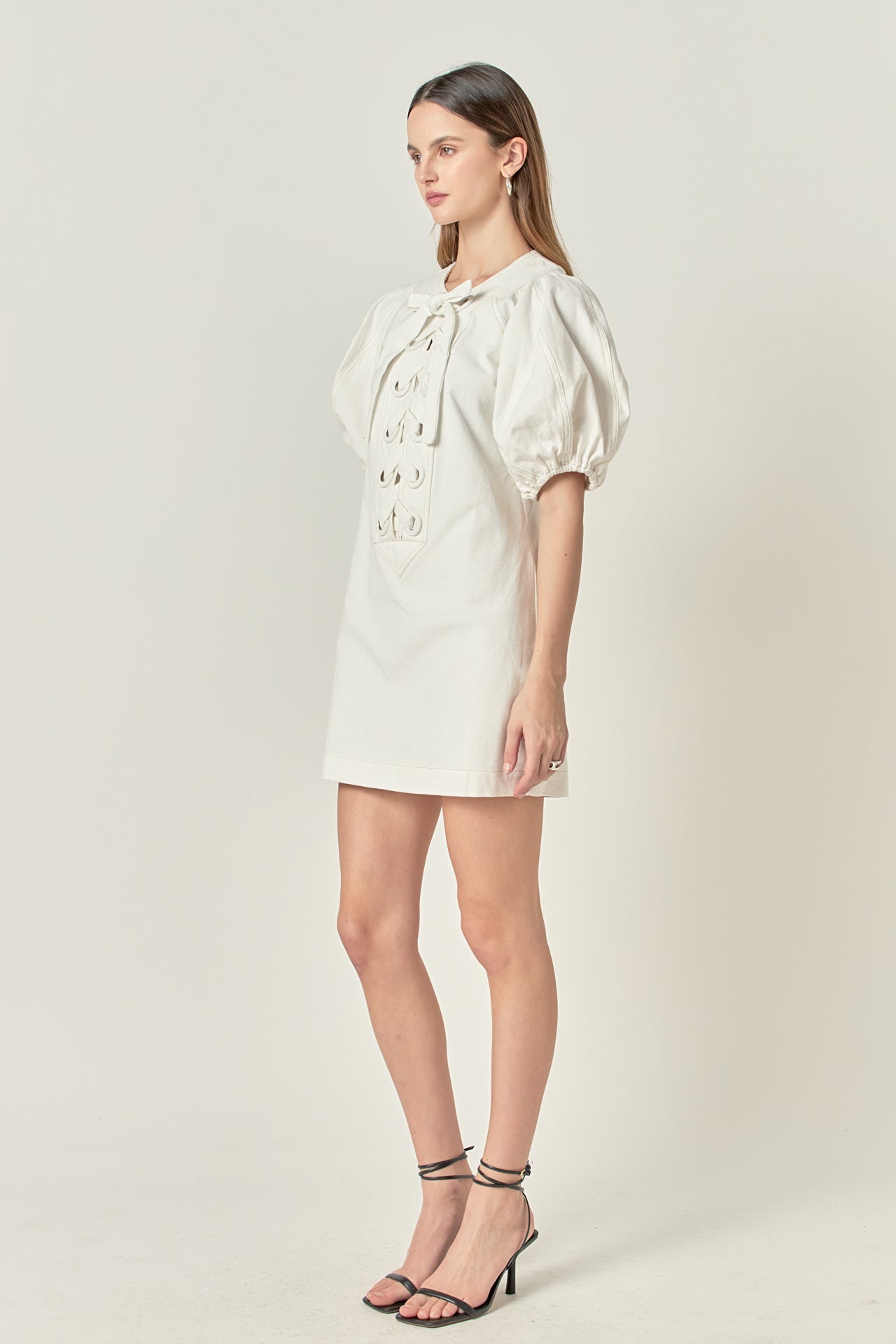 Laced Up Puffed Sleeve Mini Dress