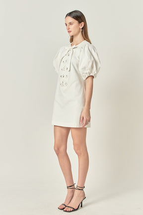 Laced Up Puffed Sleeve Mini Dress