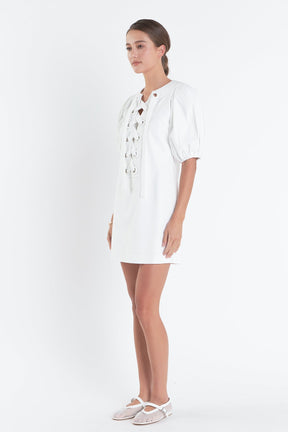 ENGLISH FACTORY - Laced Up Puffed Sleeve Mini Dress - DRESSES available at Objectrare