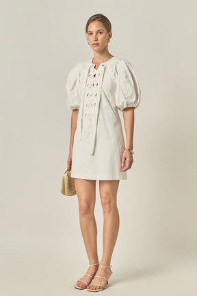 ENGLISH FACTORY - Laced Up Puffed Sleeve Mini Dress - DRESSES available at Objectrare