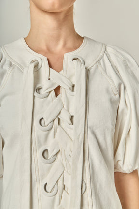 ENGLISH FACTORY - Laced Up Puffed Sleeve Mini Dress - DRESSES available at Objectrare