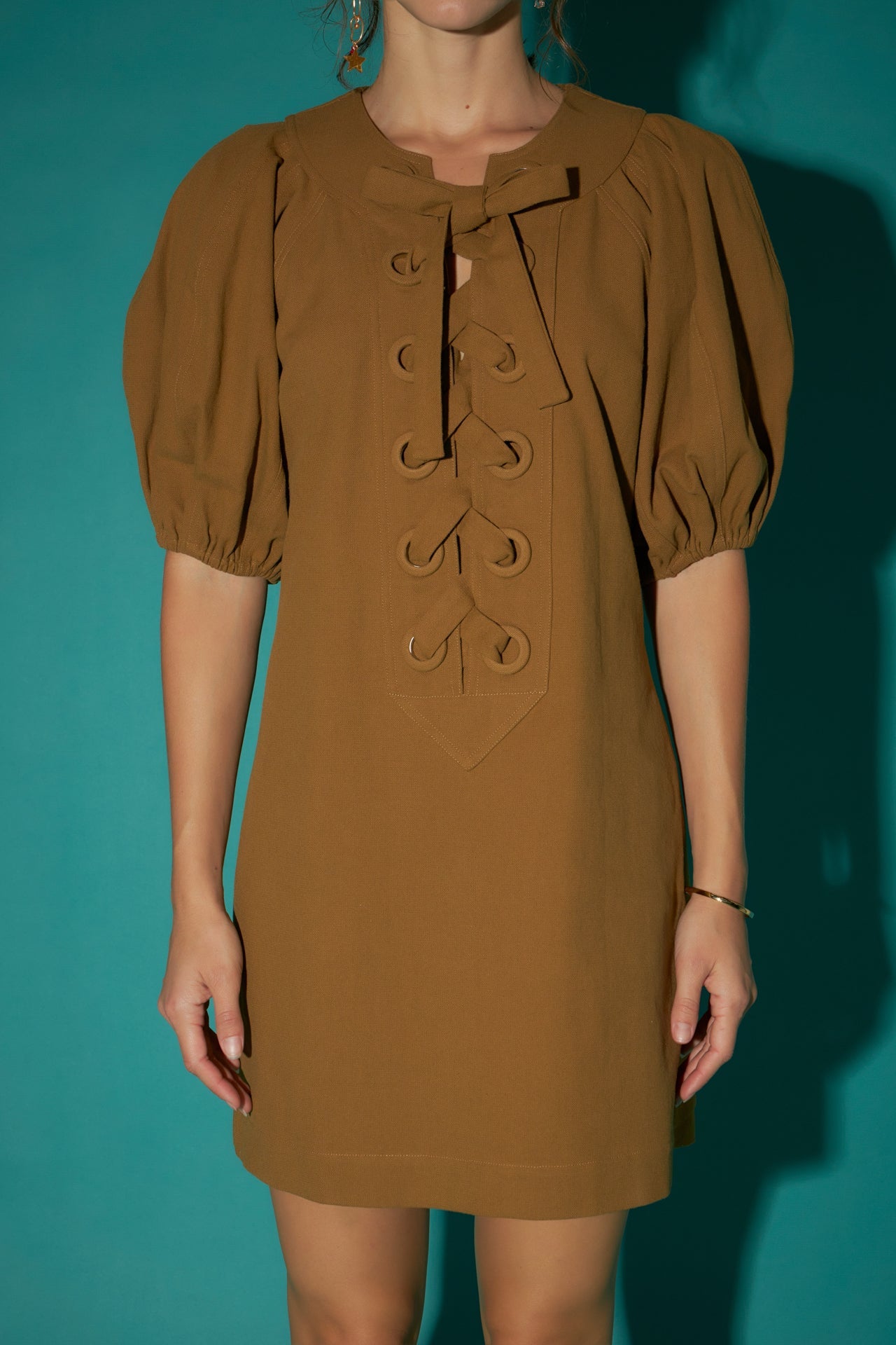 Laced Up Puffed Sleeve Mini Dress
