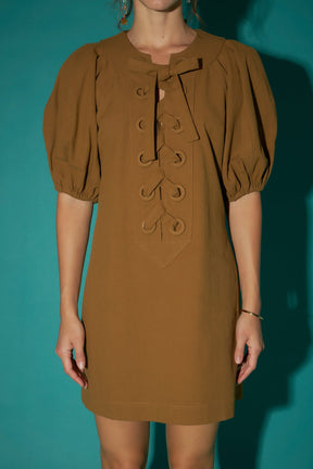 Laced Up Puffed Sleeve Mini Dress