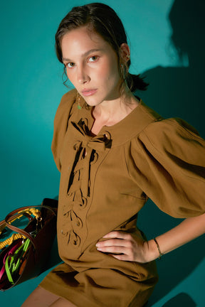ENGLISH FACTORY - Laced Up Puffed Sleeve Mini Dress - DRESSES available at Objectrare