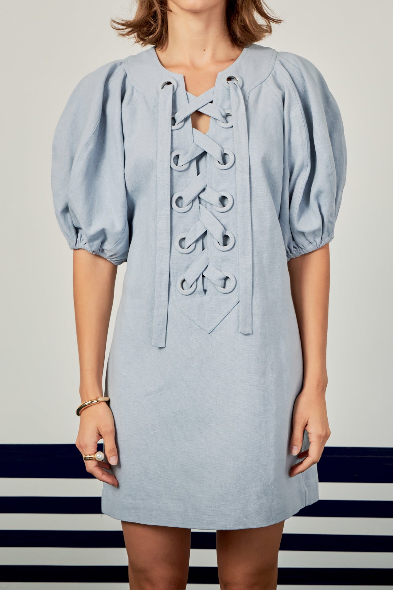 ENGLISH FACTORY - Laced Up Puffed Sleeve Mini Dress - DRESSES available at Objectrare