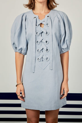 ENGLISH FACTORY - Laced Up Puffed Sleeve Mini Dress - DRESSES available at Objectrare