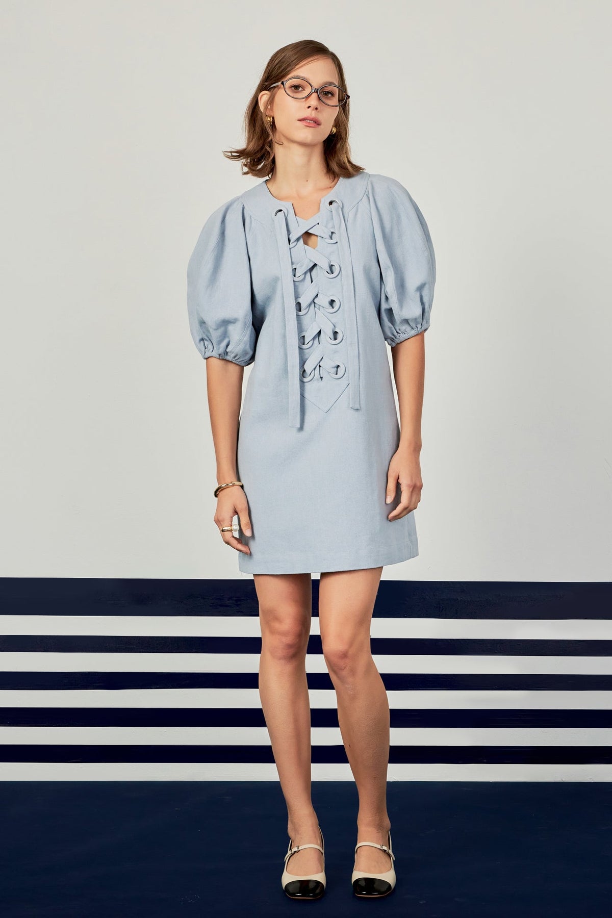 ENGLISH FACTORY - English Factory - Laced Up Puffed Sleeve Mini Dress - DRESSES available at Objectrare