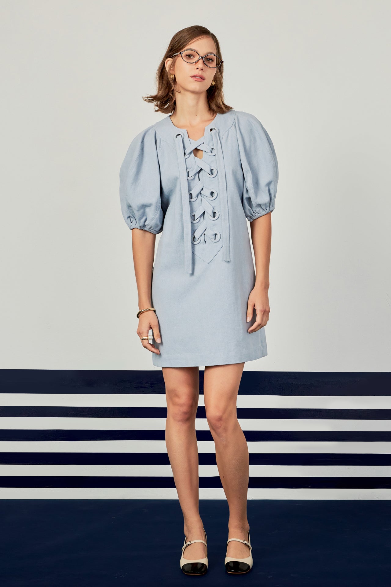 ENGLISH FACTORY - Laced Up Puffed Sleeve Mini Dress - DRESSES available at Objectrare
