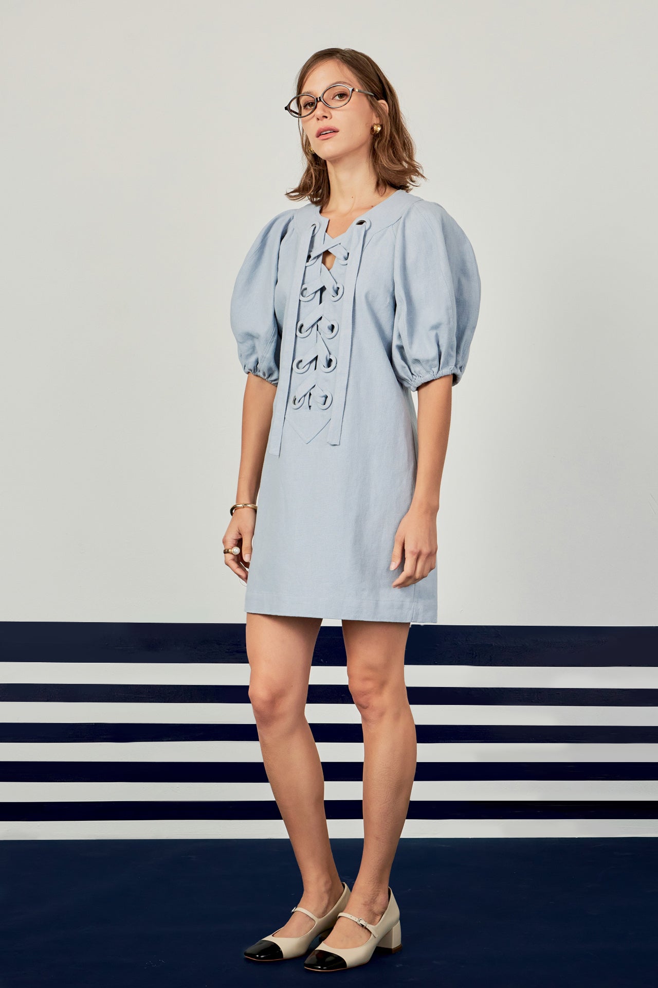 ENGLISH FACTORY - Laced Up Puffed Sleeve Mini Dress - DRESSES available at Objectrare