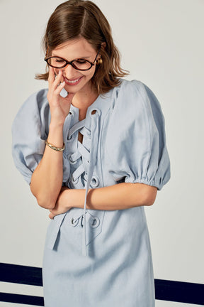 ENGLISH FACTORY - Laced Up Puffed Sleeve Mini Dress - DRESSES available at Objectrare