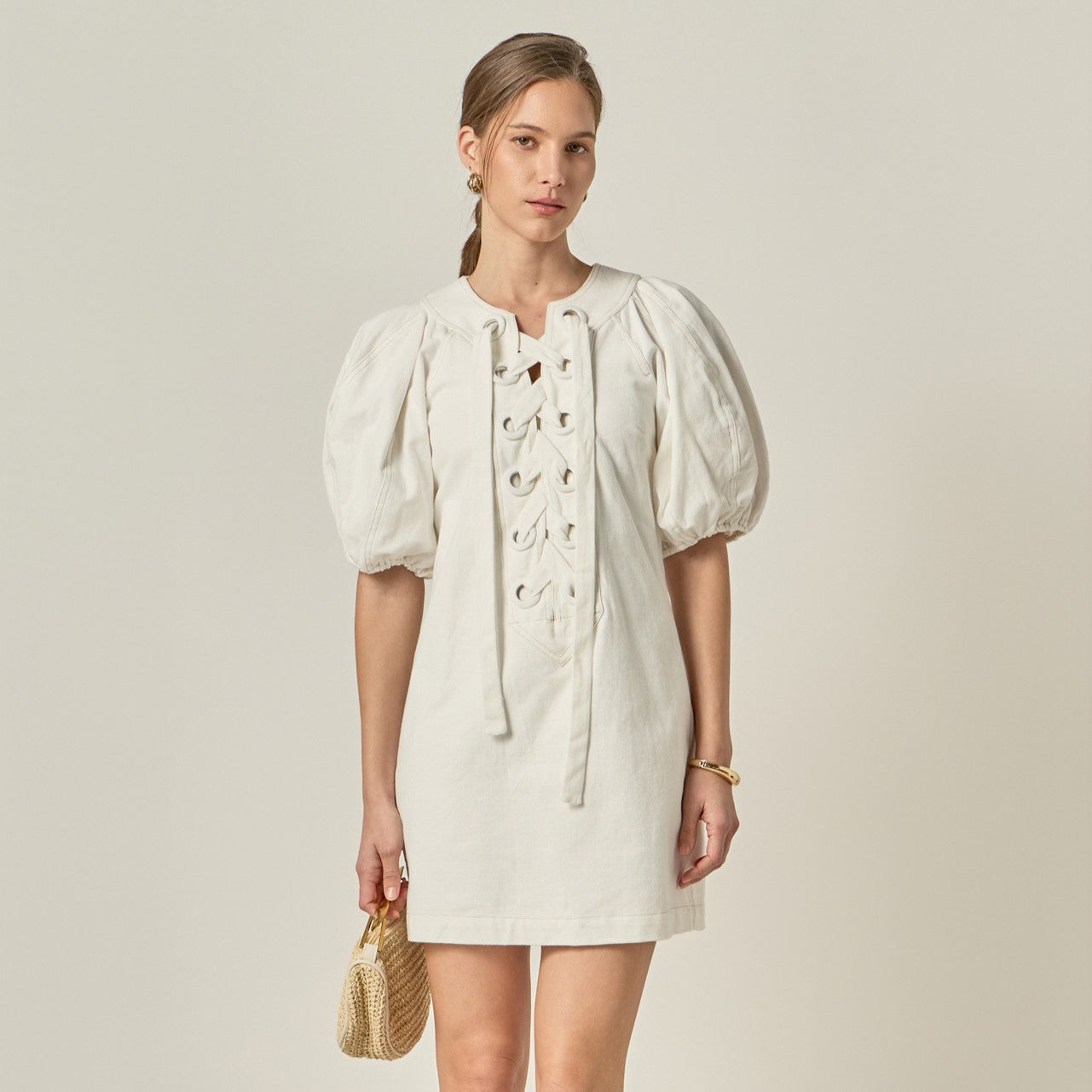 ENGLISH FACTORY - Laced Up Puffed Sleeve Mini Dress - DRESSES available at Objectrare