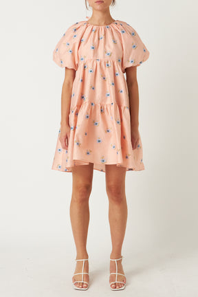 Floral Textured Back Tie Mini Dress