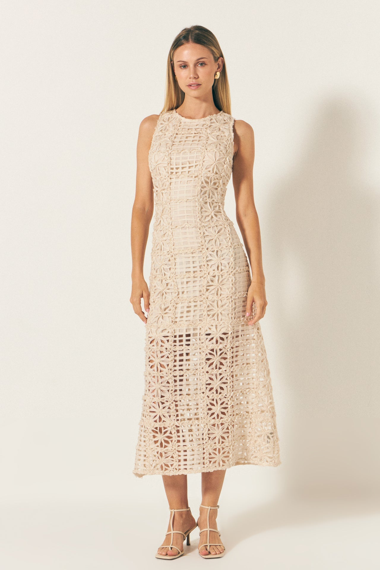 beige rose shaped bodice sleeveless maxi dress Farm Rio Rose-Shaped Bodice Sleeveless Maxi Dress