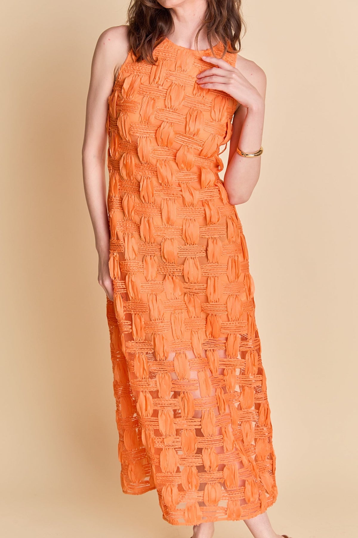 ENDLESS ROSE - Grid Textured Sleeveless Midi Dress - DRESSES available at Objectrare