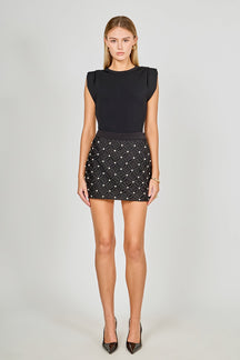 ENDLESS ROSE - Rhinestone and Pearl Detail Mini Skirt - SKIRTS available at Objectrare