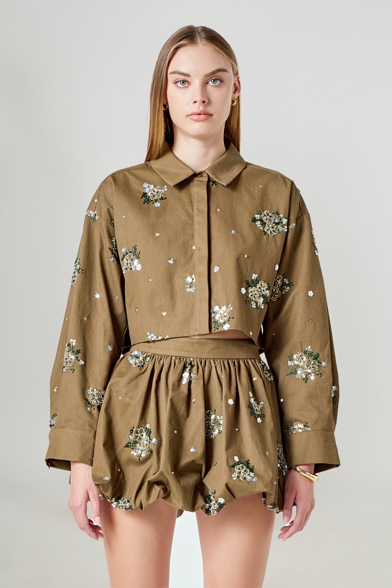 ENDLESS ROSE - Eve Sequined and Beaded Cropped Shirt - TOPS available at Objectrare