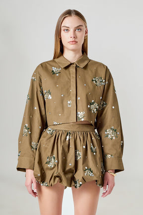 ENDLESS ROSE - Eve Sequined and Beaded Cropped Shirt - TOPS available at Objectrare