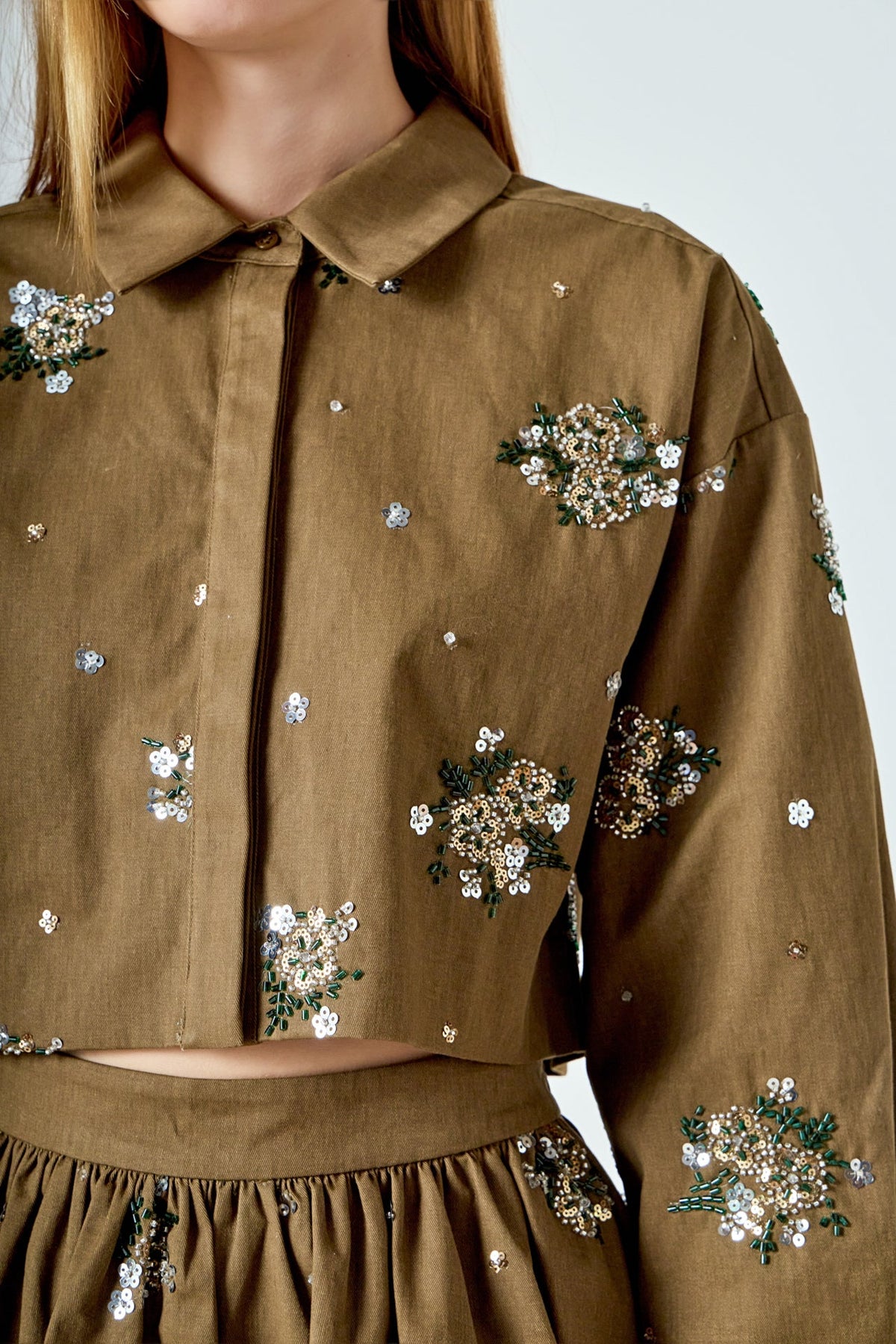 ENDLESS ROSE - Eve Sequined and Beaded Cropped Shirt - TOPS available at Objectrare