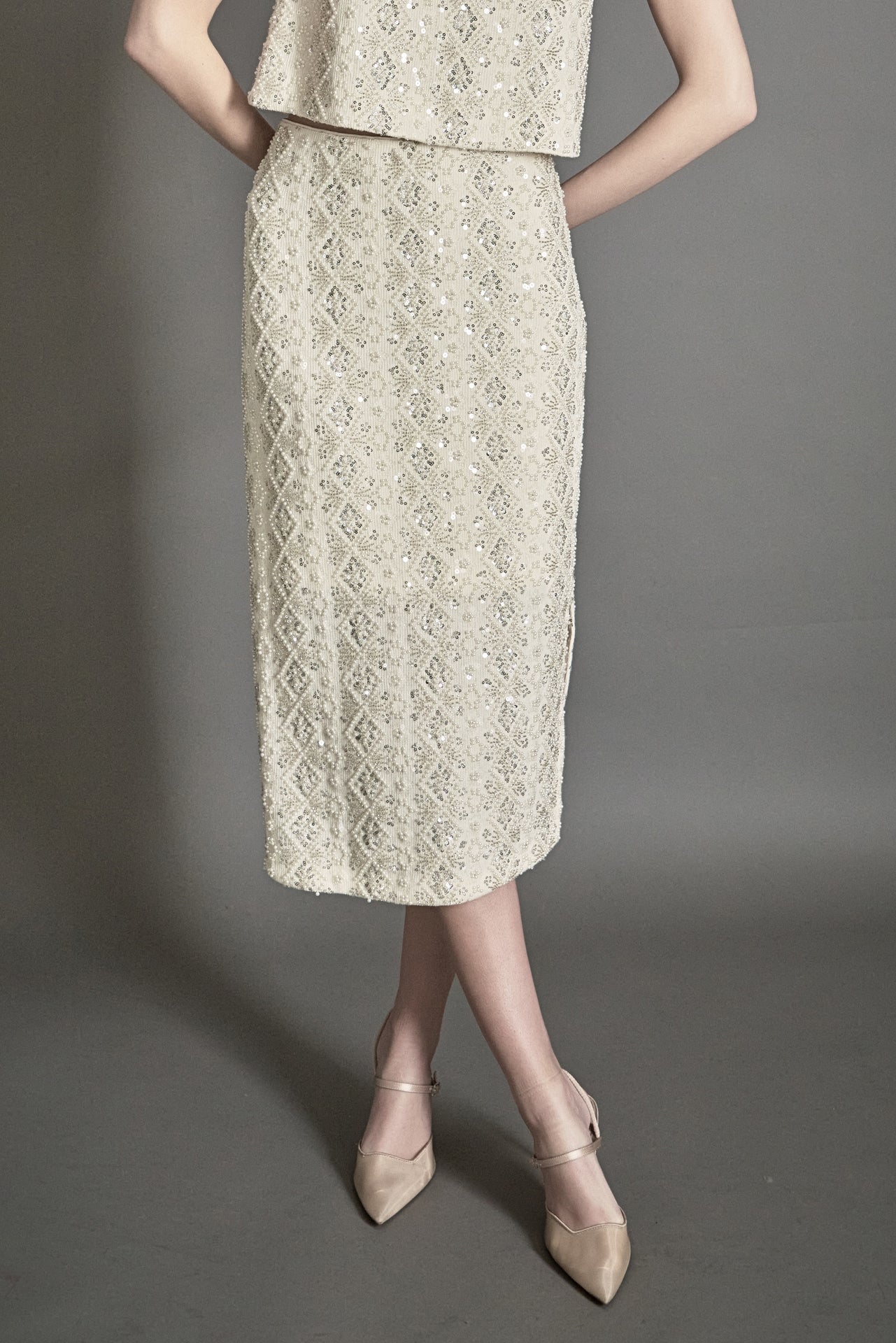 ENDLESS ROSE - Beaded Pearl Midi Skirt - SKIRTS available at Objectrare