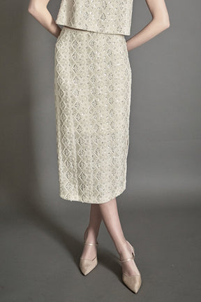 ENDLESS ROSE - Beaded Pearl Midi Skirt - SKIRTS available at Objectrare