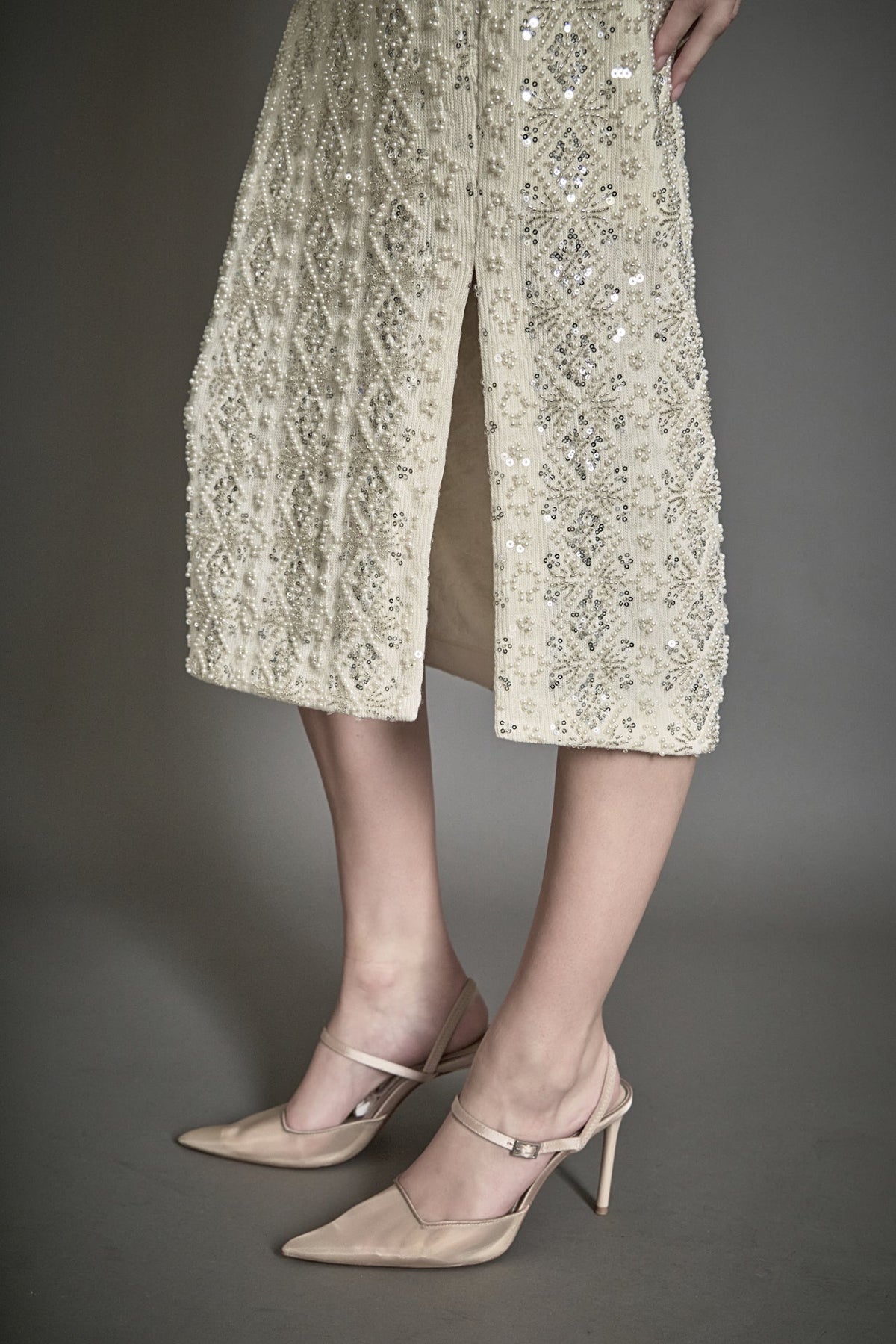 ENDLESS ROSE - Beaded Pearl Midi Skirt - SKIRTS available at Objectrare