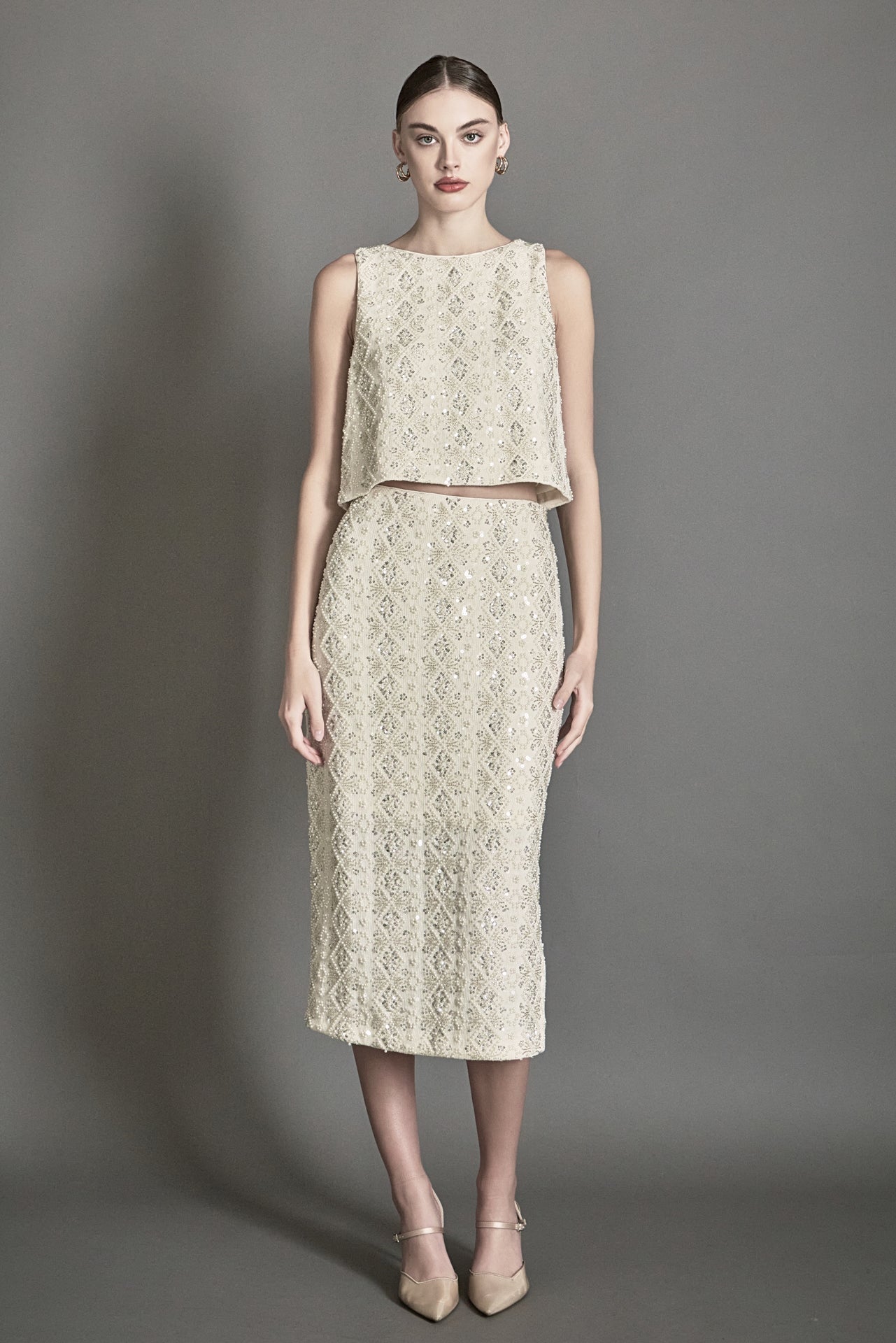 ENDLESS ROSE - Beaded Pearl Midi Skirt - SKIRTS available at Objectrare