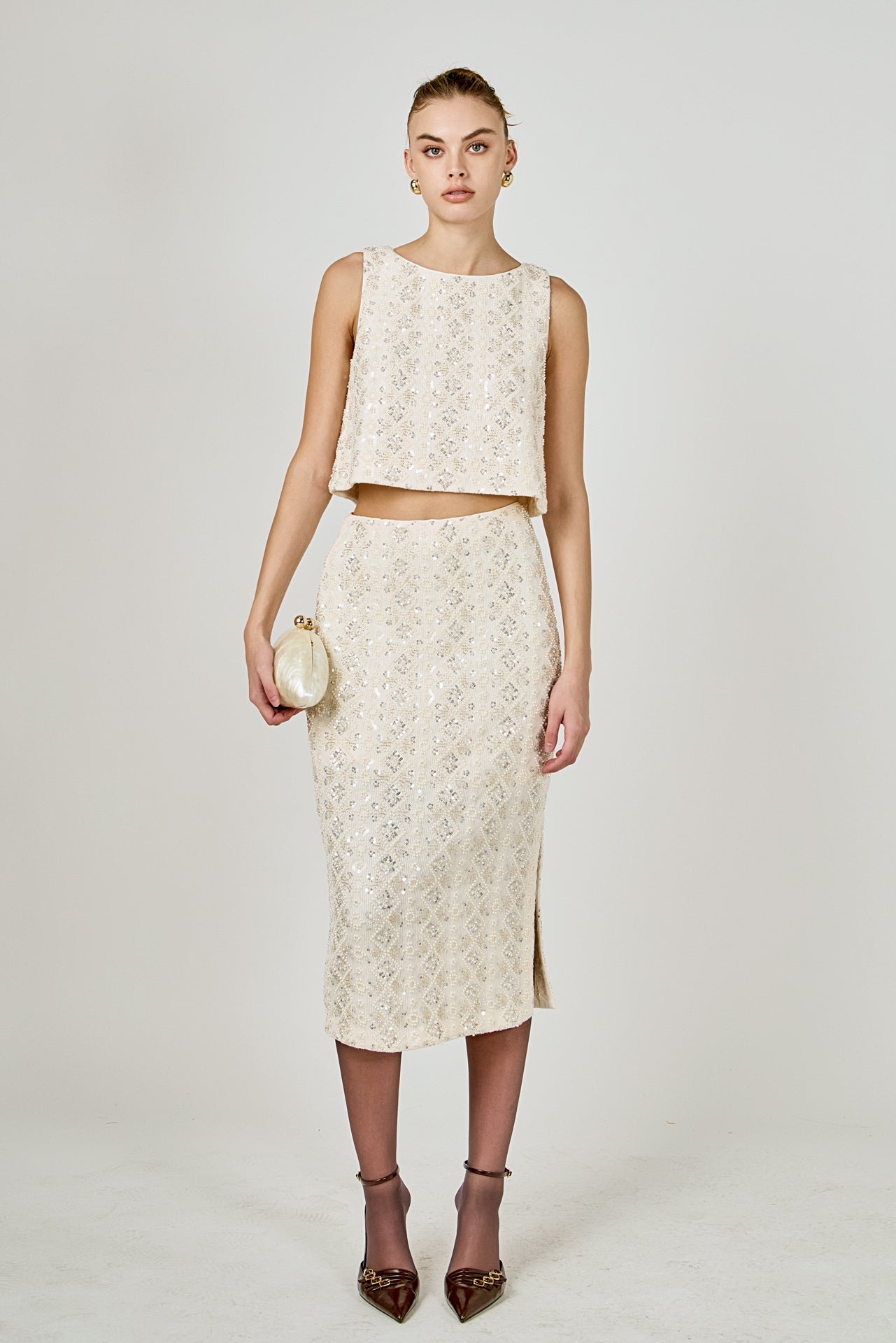 ENDLESS ROSE - Beaded Pearl Midi Skirt - SKIRTS available at Objectrare